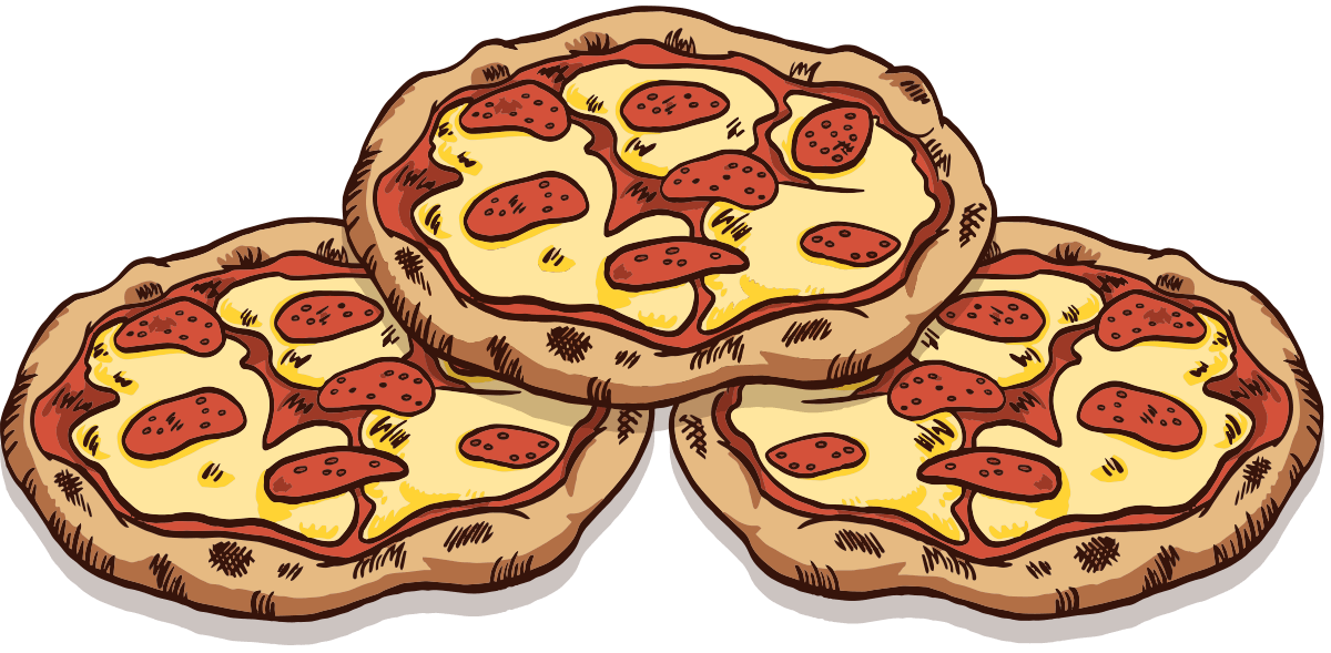 Drawing of three 6" mini pepperoni pizzas