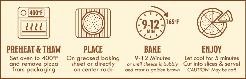 Meat Lover's Pizza Baking Instructions: 1) preheat & thaw - set oven to 400 degrees F and remove pizza from packaging. 2) Place on greased baking sheet or directly on center rack. 3) Bake 9-12 minutes or until cheese is bubbly and crust is golden brown. 4) Enjoy - let cool for 5 minutes. Cut into slices & serve.